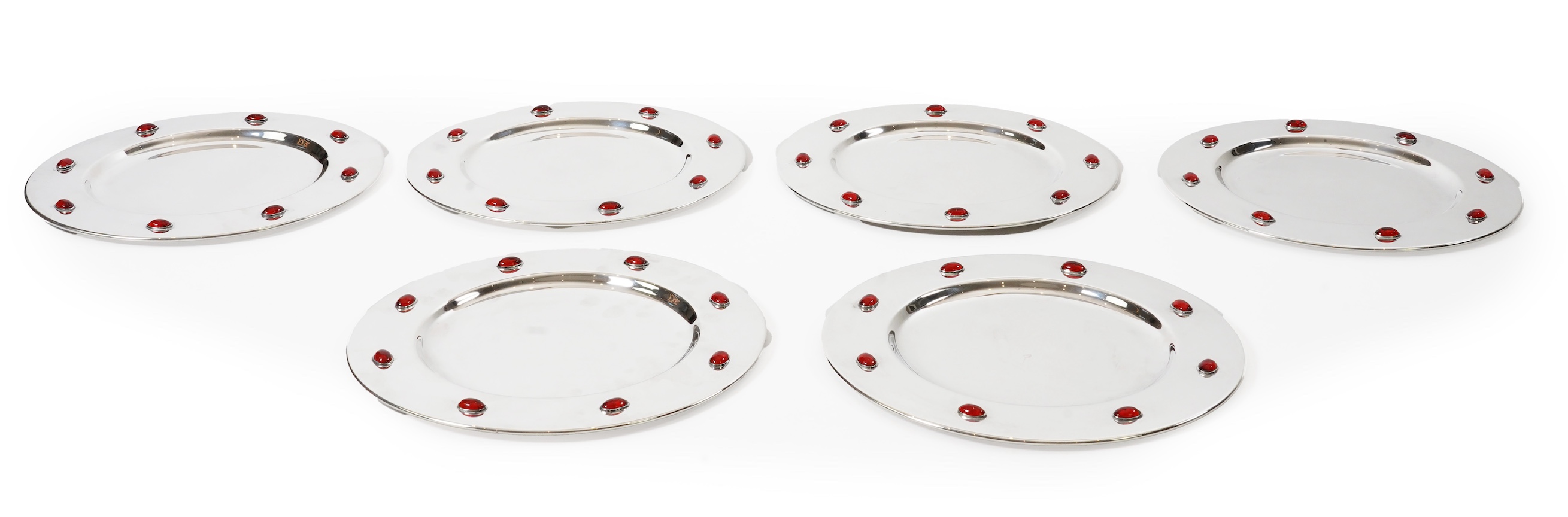 A set of six Glasgow School Arts & Crafts silver plated and cabochon glass set dinner plates